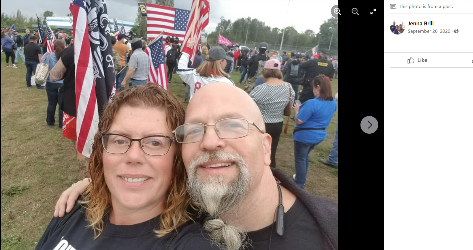 Picture posted on Jenna Brill's Facebook account of herself with Chuck Reynolds at the September 26, 2020 Proud Boys event at Delta Park.